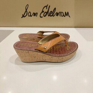 Sam Edelman ROMY Tan Croc Embossed Cork Wedge Thong Sandals Women’s 8M LIKE NEW!
